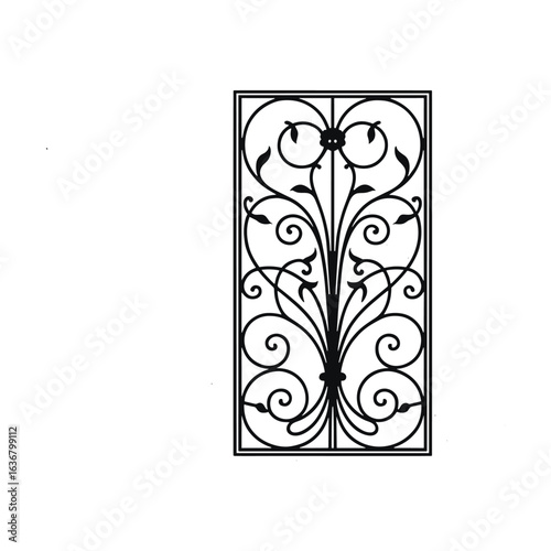 Ornate wrought iron scrollwork window grill silhouette