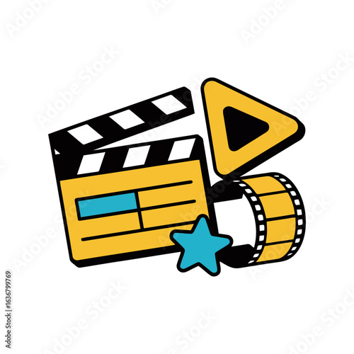 Movie production symbols including clapperboard film reel play button and star isolated on transparent background