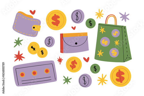 Money and Finance: A collection of various financial elements, including a purse, wallet, and coins, illustrates financial concepts
