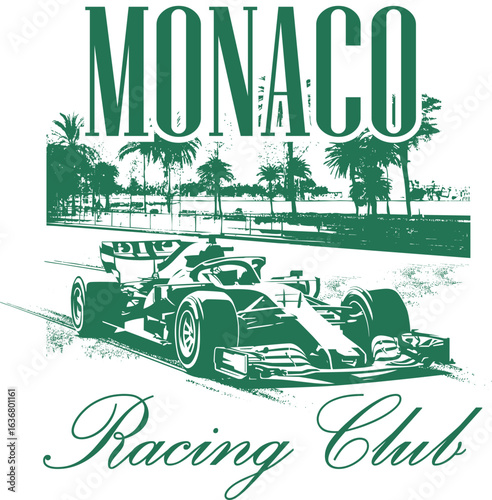 Monaco city-themed super racing car Formula racing ideal T-shirt print with racing club slogan