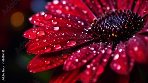 Water drops on red flower closeup