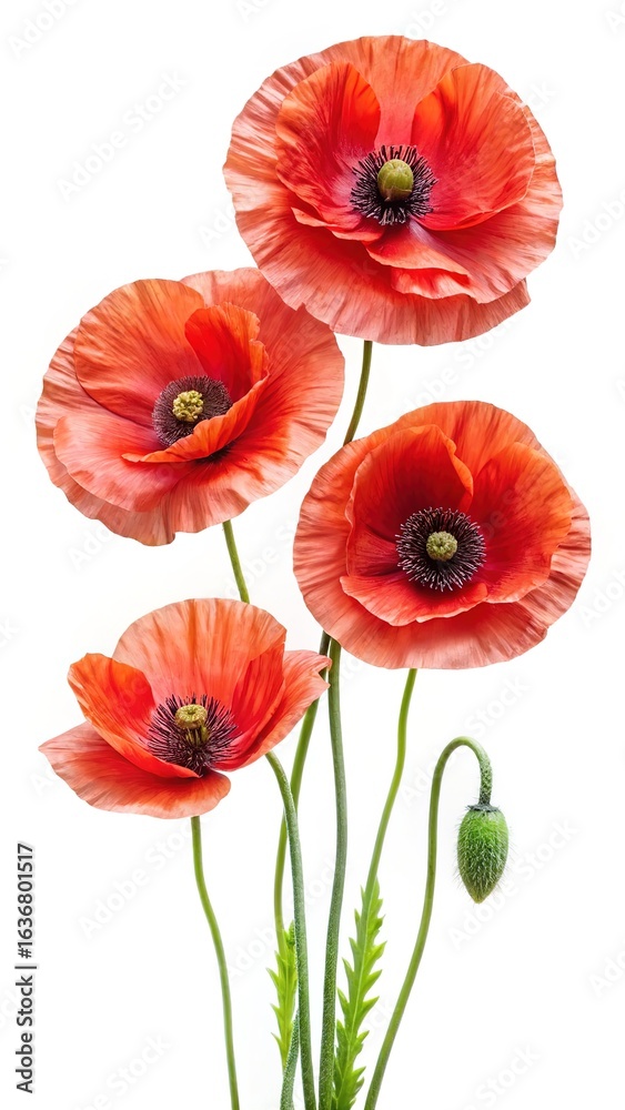 Obraz premium Elegant arrangement of poppy flowers in shades of red and orange on white