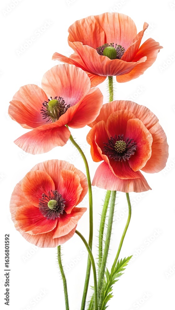 Obraz premium Beautiful close up of coral red poppy flowers with detailed stems isolated