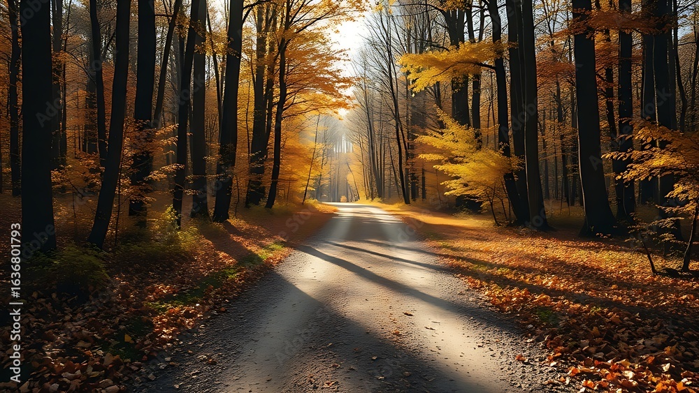 Fototapeta premium A forked path through a golden autumn forest, symbolizing life's choices under soft sunlight.