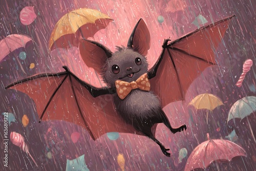 Cute bat with bow tie joyfully flying through a whimsical candy rain under colorful umbrellas in a playful atmosphere Generative AI