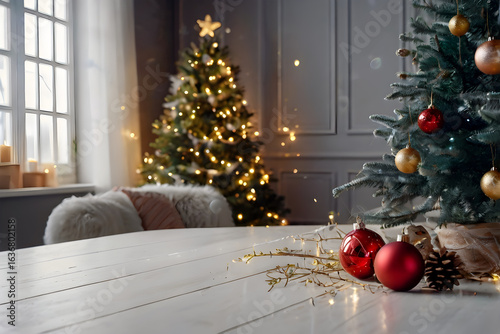 White table, balls, christmas tree, lights, copy space, blurred bokeh. Christmas mock up banner to display, advertise product, promotion sale, presentation. New year, winter backgrounds.