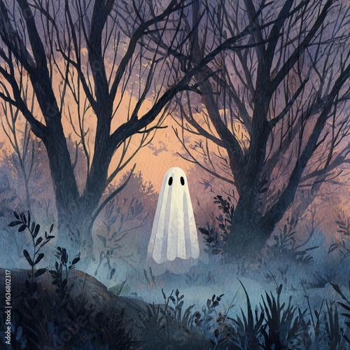 Child ghost in bedsheet floats among spooky trees at dusk Generative AI