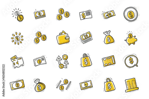 Financial Icon Set: A comprehensive collection of financial icons. Featuring a diverse array of symbols and pictograms, each meticulously designed to represent various aspects of finance and economy.