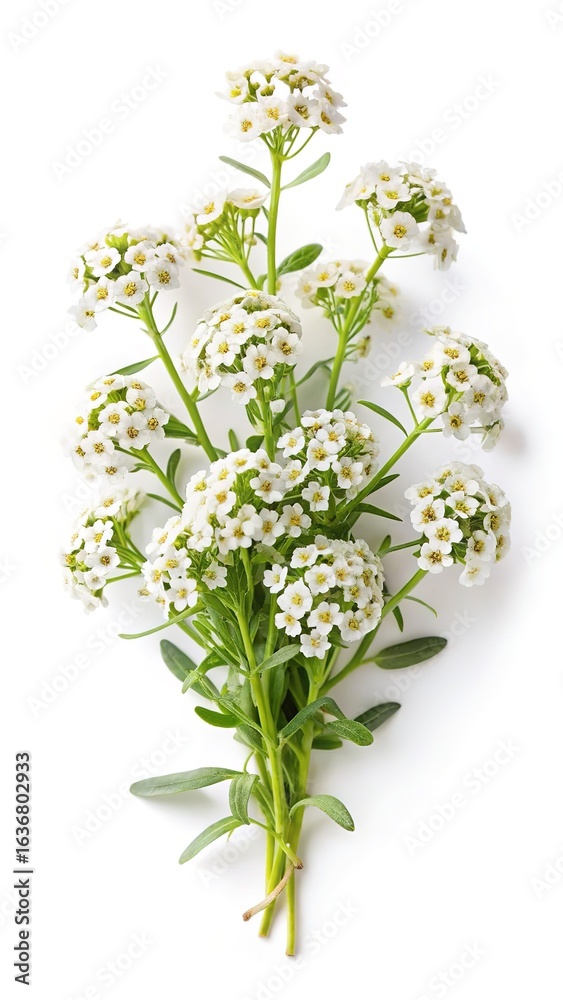 Fototapeta premium Elegant bunch of white Alyssum flowers with bright yellow centers on white backdrop