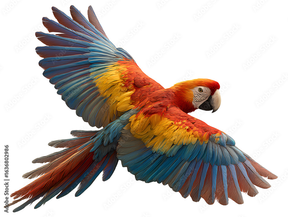 Obraz premium Colorful parrot mid-flight with wings spread isolated on a transparent background