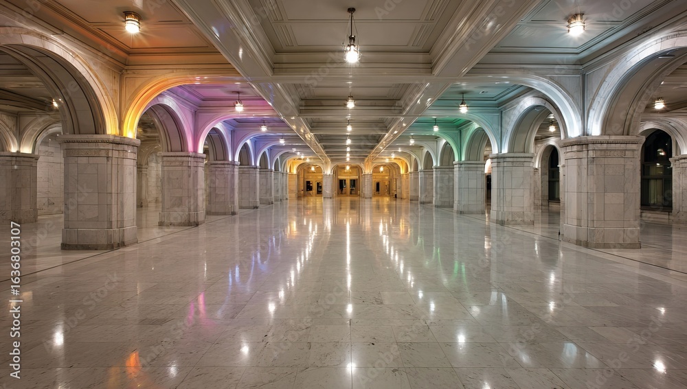 Obraz premium A wide, empty marble floor with white columns and arches illuminated by rainbow-colored lights. The reflections on the polished surface create an illusion of depth, adding to its beauty