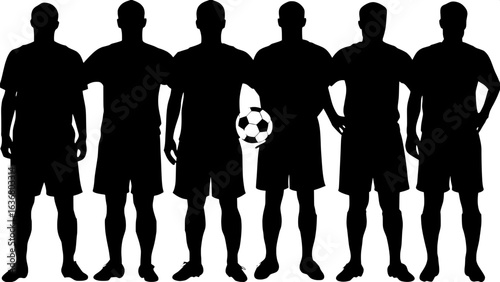 "Flat design artwork: seven athletic male silhouettes lined up in a row, wearing soccer uniforms, soccer ball centered between middle players, clean white background. Bold and minimal, emphasizing gro