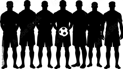 "Flat design artwork: seven athletic male silhouettes lined up in a row, wearing soccer uniforms, soccer ball centered between middle players, clean white background. Bold and minimal, emphasizing gro