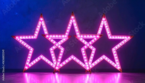A Three Neon Pink Stars with Reflections on Dark Blue Background