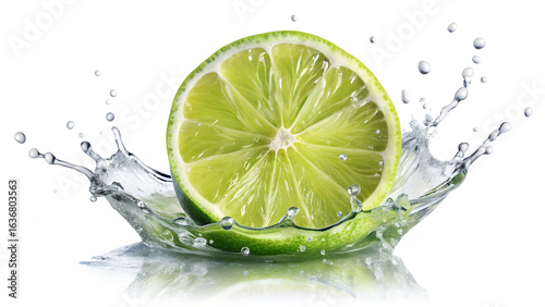 Refreshing lime half with a dynamic water splash, isolated on transparent background, showcasing its vibrant green color