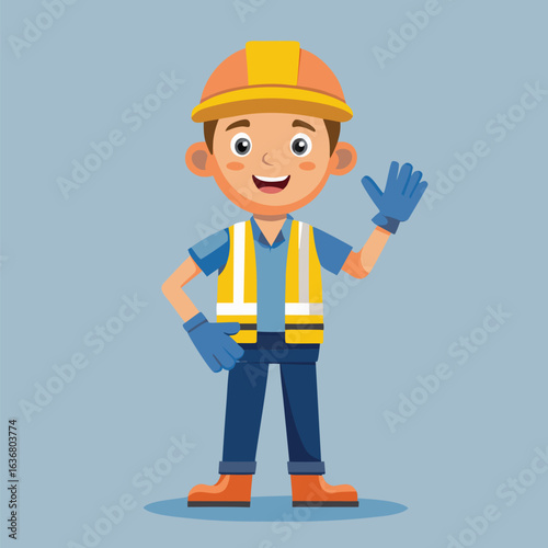 Friendly Construction Worker Illustration Smiling and Waving Wearing Safety Gear and Gloves on a Light Grey Background