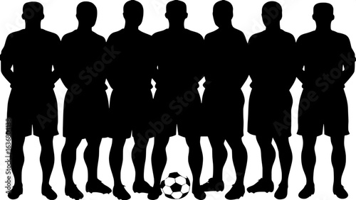 "Abstract graphic of a soccer team: identical silhouette figures standing side-by-side in uniform, no defining features, central soccer ball on ground, plain white space surrounds them, expressing uni
