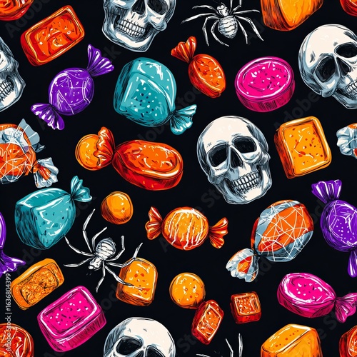Colorful pattern featuring Halloween sweets, candies, skulls, and spiders on a dark background for festive decoration Generative AI