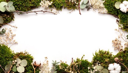 Nature Frame of Moss, Cotton and Eucalyptus on White Background