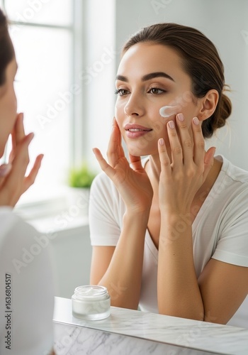 Serene young woman performing her daily skincare ritual, gently massaging facial moisturizer for hydration and anti-aging benefits in a bright bathroom setting.