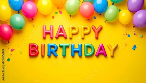 A Colorful Balloon Themed Happy Birthday Banner with Confetti on Yellow Background