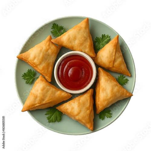 Golden samosas with ketchup and parsley isolated on transparent background
