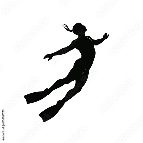 Female diver silhouette with fins underwater