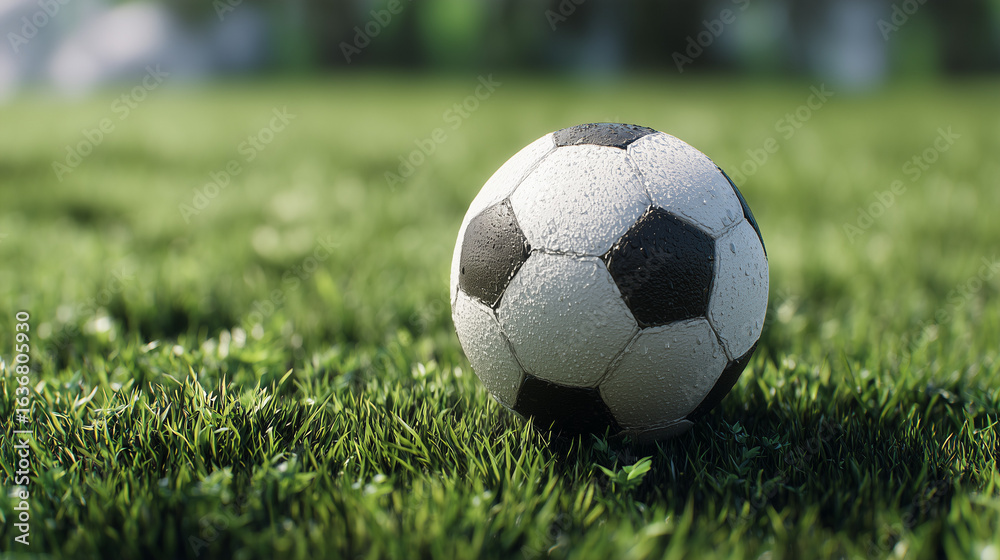 Obraz premium Soccer ball mockup on grass field, photorealistic, soft daylight