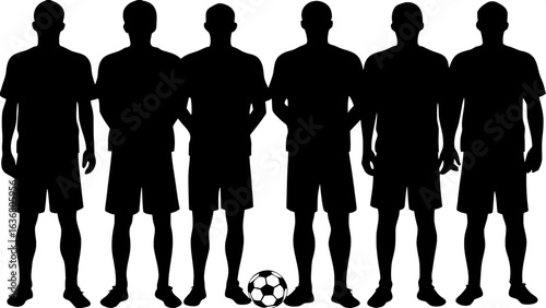 "Concept art for a soccer team logo: seven black silhouettes of young men in athletic gear, aligned in a horizontal row, with a soccer ball centered below them. Pure white background and minimal eleme