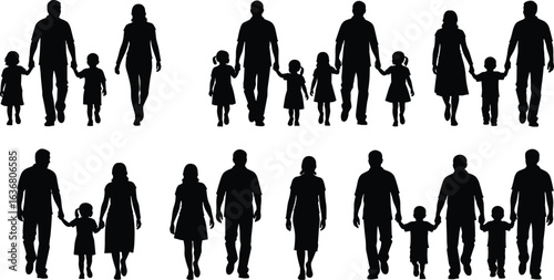 Family Silhouette Walking Together, Parents and Children Holding Hands, Unity and Togetherness, Black and White Illustration, Diverse People Vector