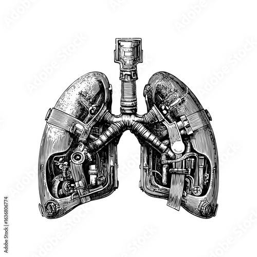 Engraving style illustration of bioengineered lungs with mechanical components in black and white on transparent background – Medical vector for biotech presentations, anatomy guides, and futuristic 