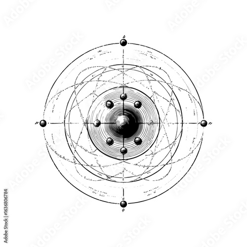 Engraving style illustration of a Bohr atom model with electrons in black and white on transparent background – Science vector for physics textbooks, atomic theory lessons, and educational posters