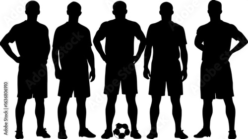 "Symmetrical composition of silhouetted male athletes in soccer uniforms, standing side by side, facing the viewer. Soccer ball on the ground between the third and fourth figures. Bold shapes, high co