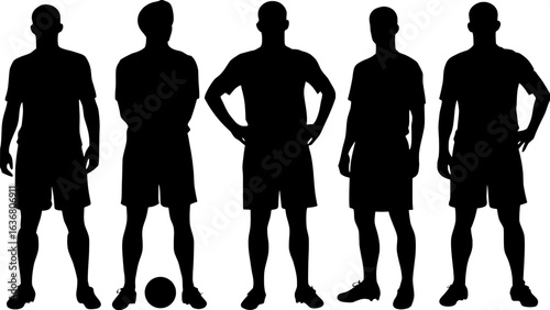 "Symmetrical composition of silhouetted male athletes in soccer uniforms, standing side by side, facing the viewer. Soccer ball on the ground between the third and fourth figures. Bold shapes, high co