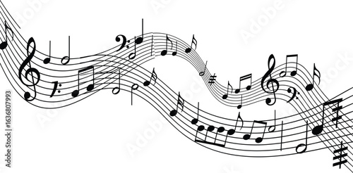 Musical notes, wavy staff lines, treble clef, bass clef, music notation, melody design, artistic sheet music, sound waves illustration, harmony pattern