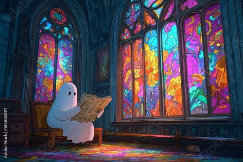Cartoon ghost reads newspaper in vibrant fantasy room with stained glass windows Generative AI
