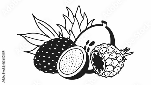 Exotic fruit arrangement in bold black and white, perfect for culinary design projects