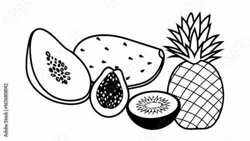 Fresh tropical fruit assortment: papaya, watermelon, kiwi, and pineapple ready for healthy eating