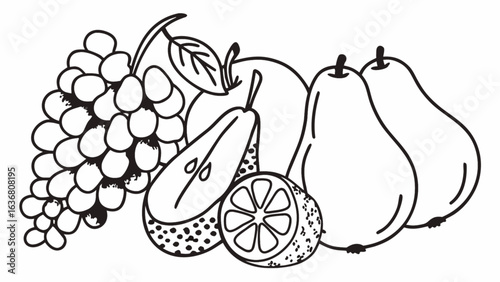 Fresh fruit assortment illustration featuring grapes, pears, an apple, and a citrus slice, perfect design