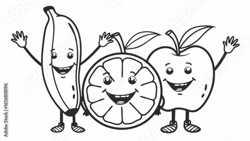 Cheerful fruit friends waving hello, ready for fun and healthy eating, happy cartoon characters