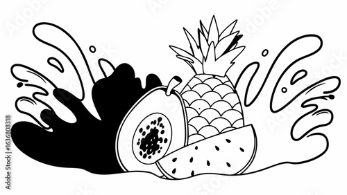 Fresh tropical fruit splash with papaya, pineapple, and watermelon in a vibrant design