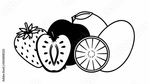 Fresh fruit arrangement: Strawberry, apple, orange, mango slice, vibrant for healthy living