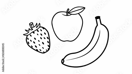 Fresh fruits strawberry apple banana outline drawings for healthy eating and design elements