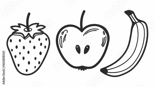 Fresh strawberry, apple slice, and banana outline for healthy eating or design projects