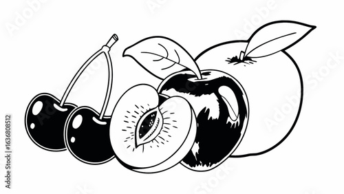 Fresh black and white fruit arrangement of cherries, plums, and apples for healthy eating