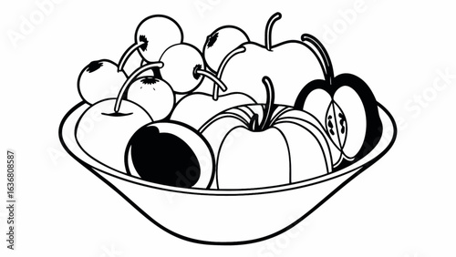Fresh fruit bowl illustration with apples and cherries, perfect for healthy eating concepts and designs