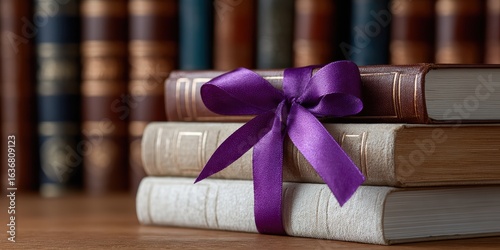 legal studies, a bundle of equality law books tied with a purple ribbon, with a sharp front focus and a blurred bookshelf background