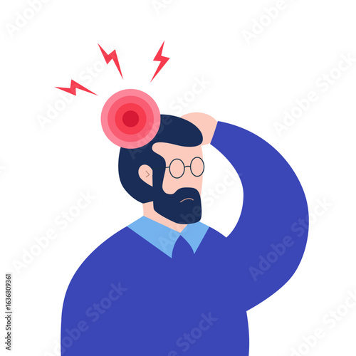 Man suffering from headache, holding head with hands.