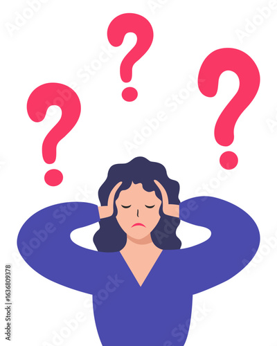 Puzzled and confused woman with question marks.