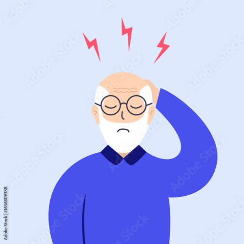 Aged man with pain in the head, depression and stress.